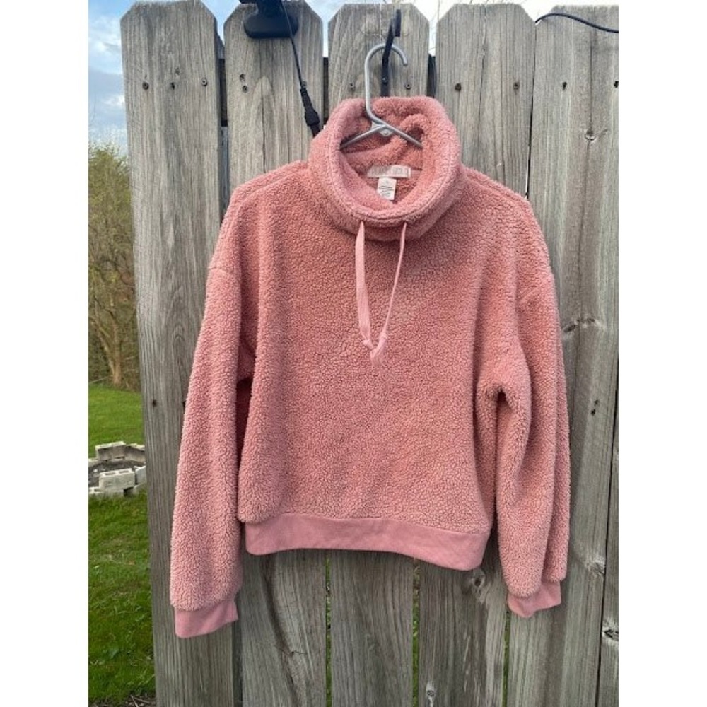 Planet Gold Womens Rose Pink Sherpa Fleece Cowl Neck Pullover Sweater Large